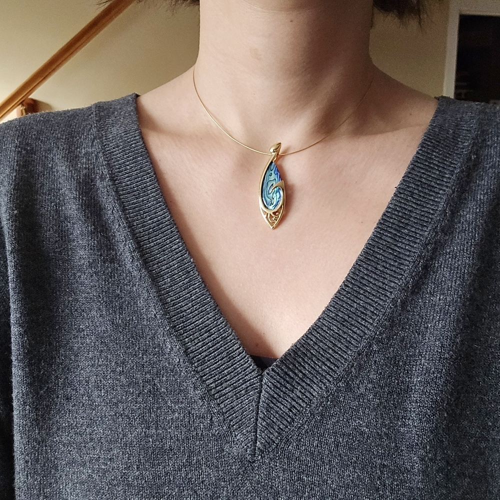 Vintage Gold Abalone Shell Pua Dainty Marquise Necklace